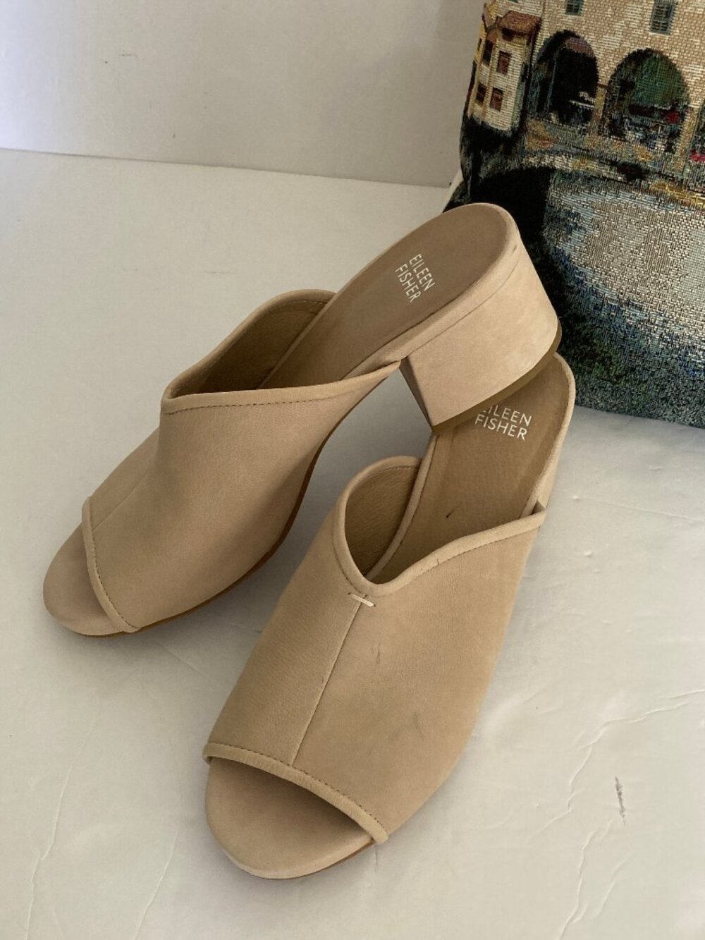 Eileen Fisher Tan Nubock Open Toe Block Heel" Katniss" Size 9 M
